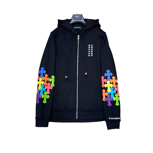 CHROME HEARTS MULTICOLOR CROSS PATCH ZIPPER HOODIE BLACK